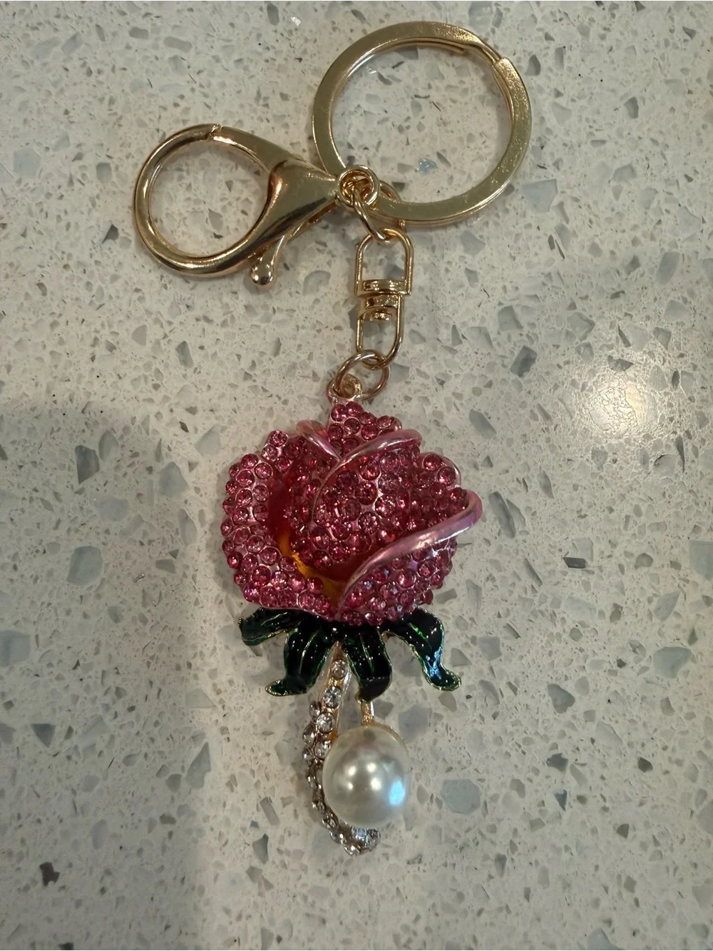 Pink Crystal Rose Gold Keychain with Pearl Charm